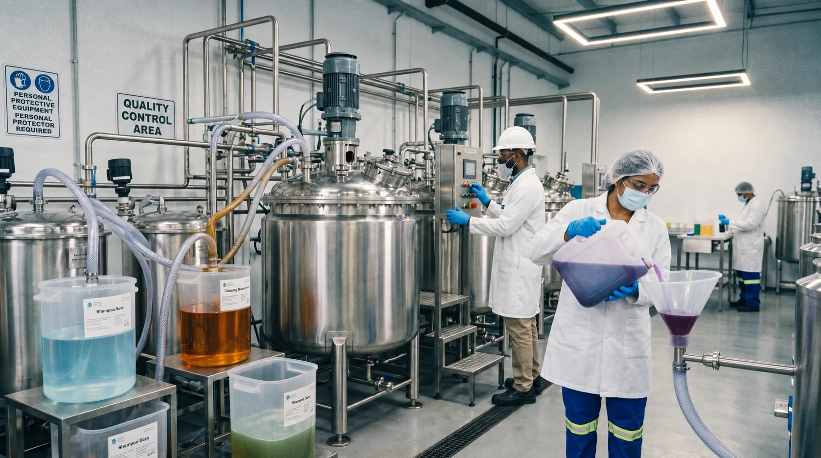 Workers in lab coats, hairnets and hard hats operating stainless steel mixing vessels beside a quality control area in a chemical plant