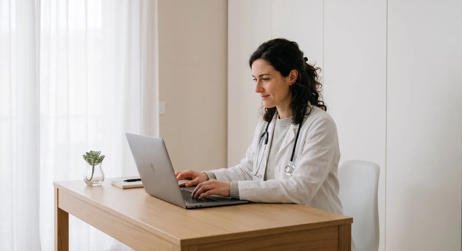 A clinician in a white coat working at a laptop in a bright consulting room