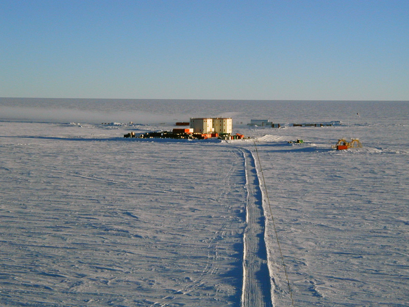 Concordia research station across the snow-covered Antarctic plateau, viewed from a tower
