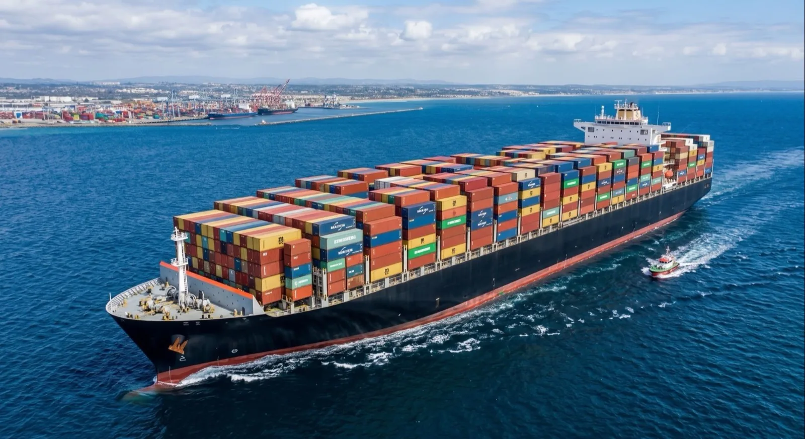 A laden container ship under way on a port approach, a pilot boat coming alongside