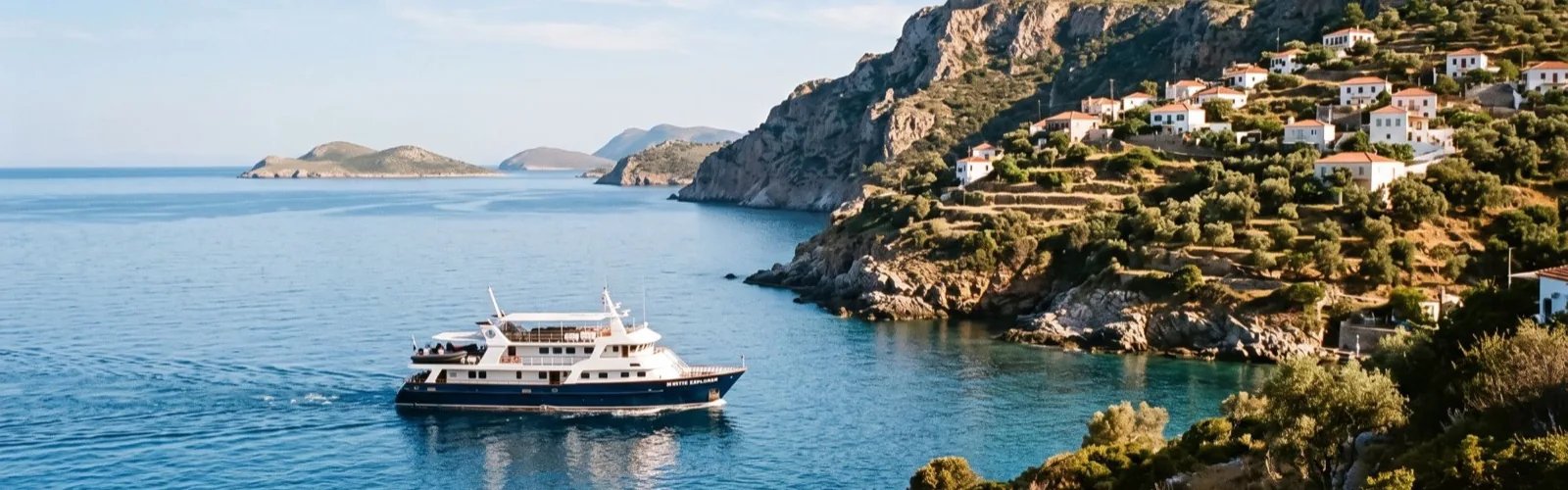 An expedition cruise ship under way in a sheltered bay, a hillside village above the shore