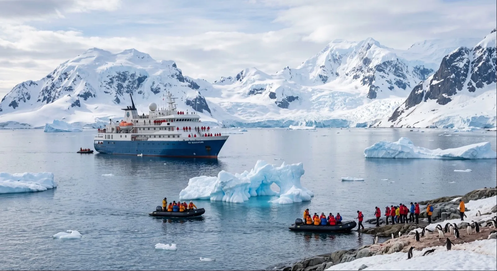 An expedition cruise ship at anchor in a polar bay, zodiacs carrying guests ashore past icebergs to a penguin colony