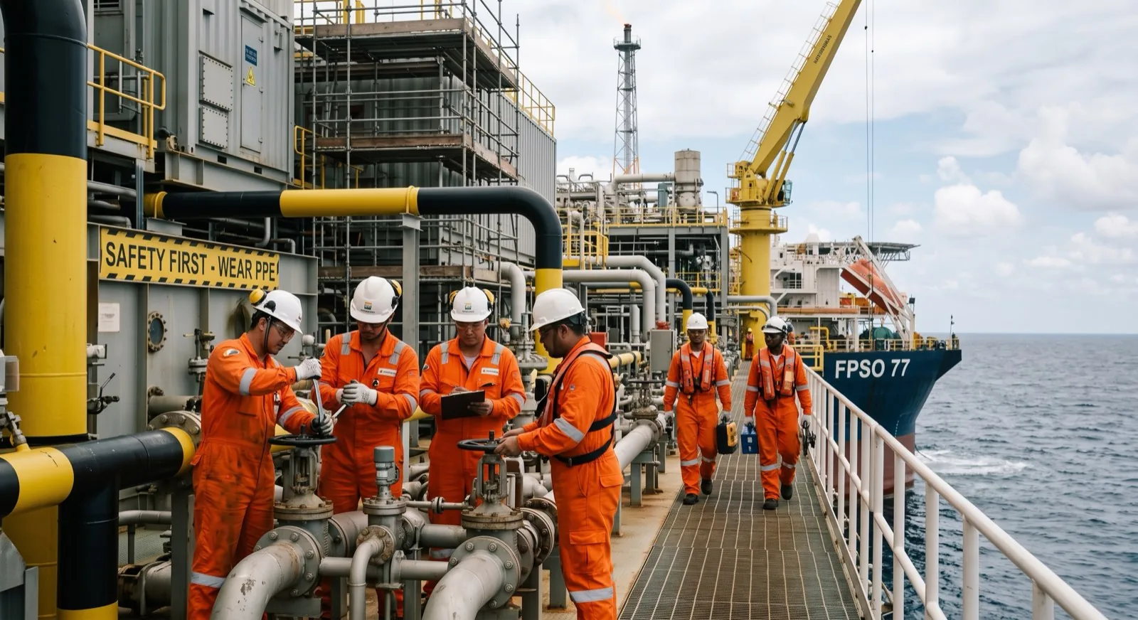 A crew in orange coveralls working valves on the deck of a floating production unit, a vessel alongside