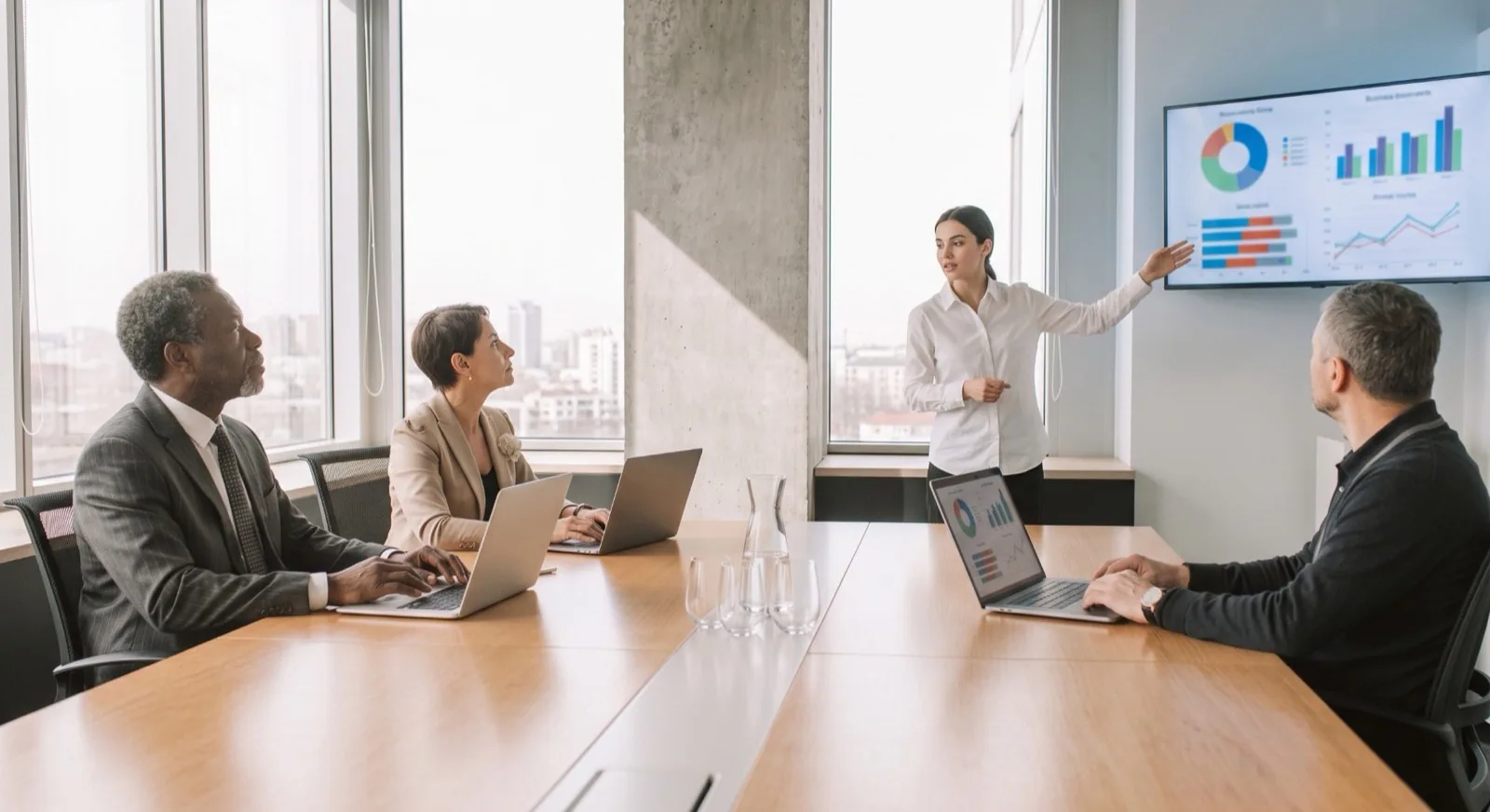 A presenter pointing at activity dashboards on a meeting room screen while three colleagues follow on laptops