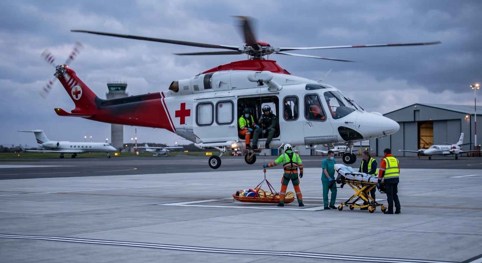 A medical crew transferring a patient from a rescue helicopter to a stretcher on an airfield apron