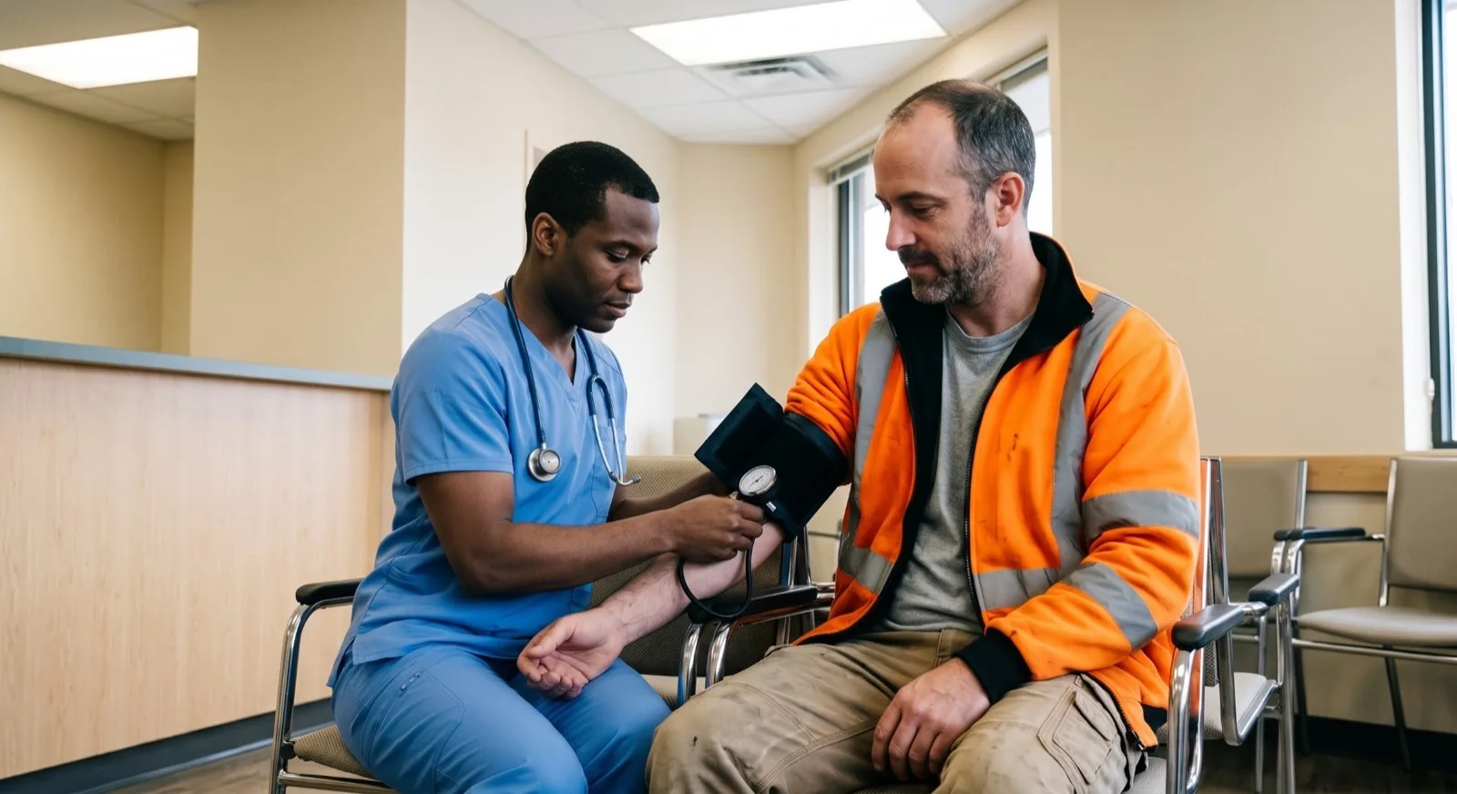 A clinician in scrubs taking the blood pressure of a worker in a high-visibility jacket in a site clinic