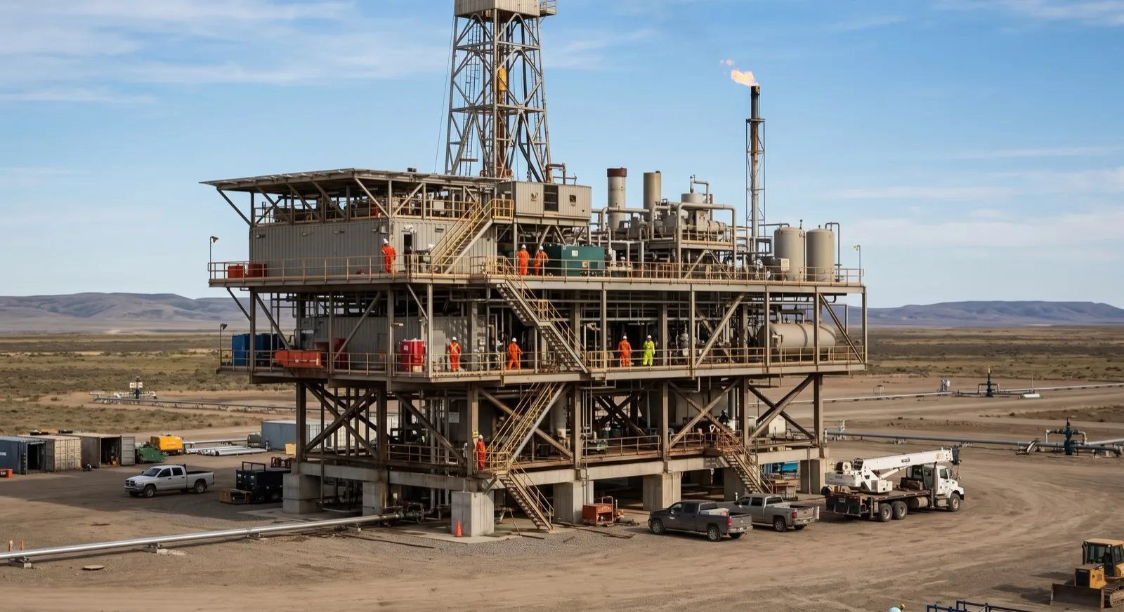 An onshore gas processing facility with a flare stack, crews working across its levels