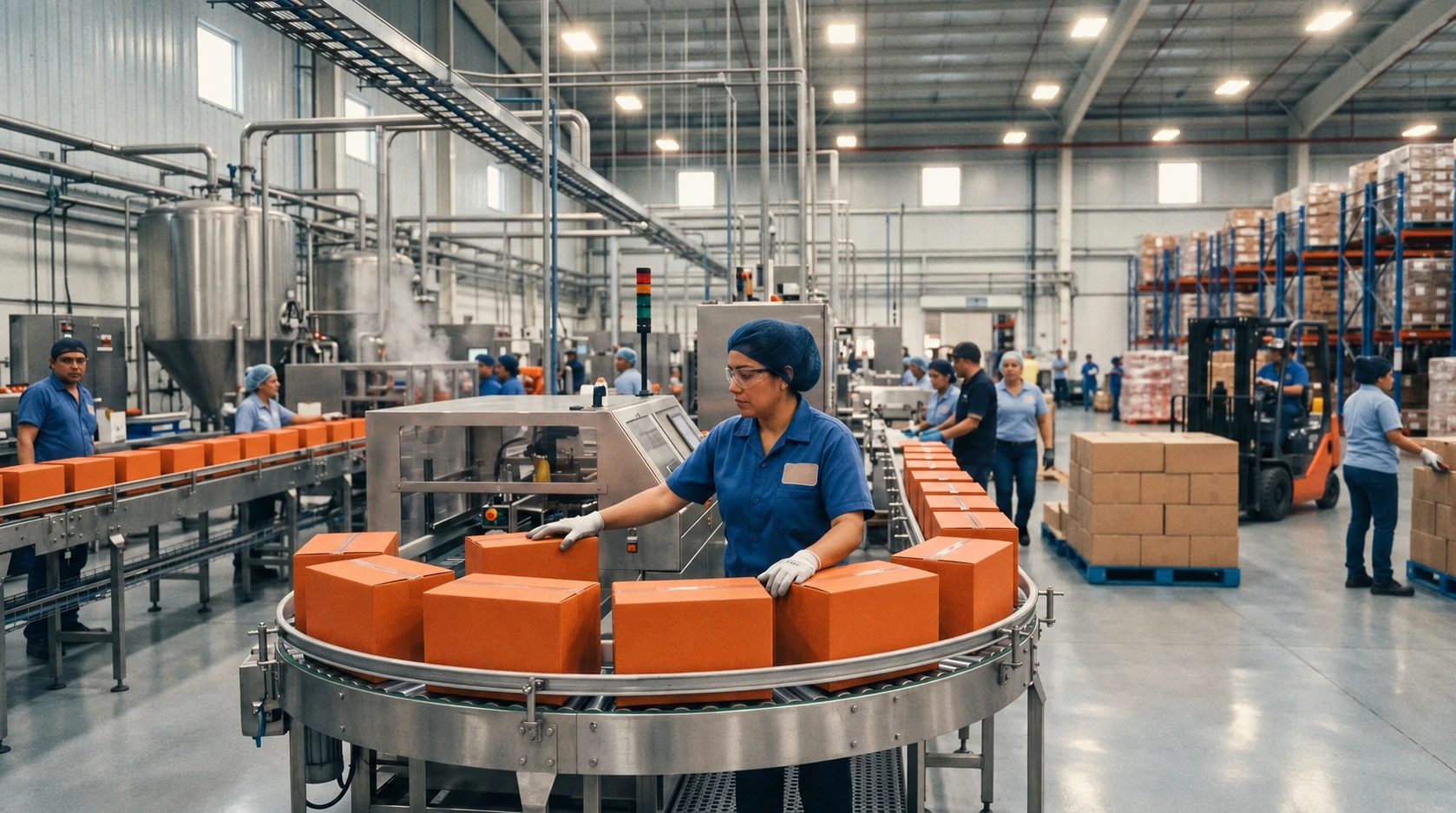 An operator in a hairnet and safety glasses guiding cartons along a packaging line in a consumer goods factory