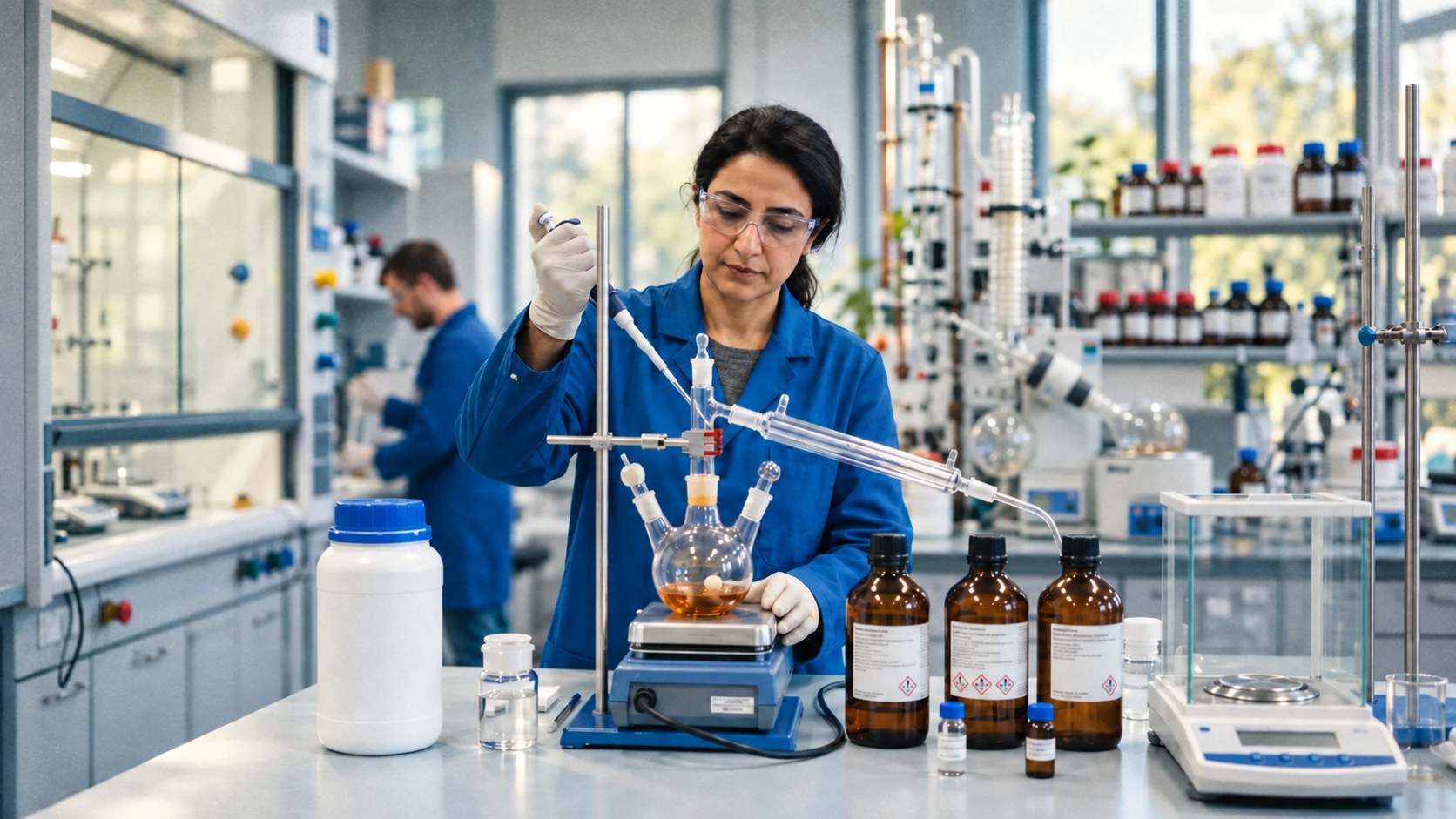 A chemist in a blue lab coat and safety glasses pipetting into a round-bottom flask on a distillation rig, reagent bottles on the shelves behind