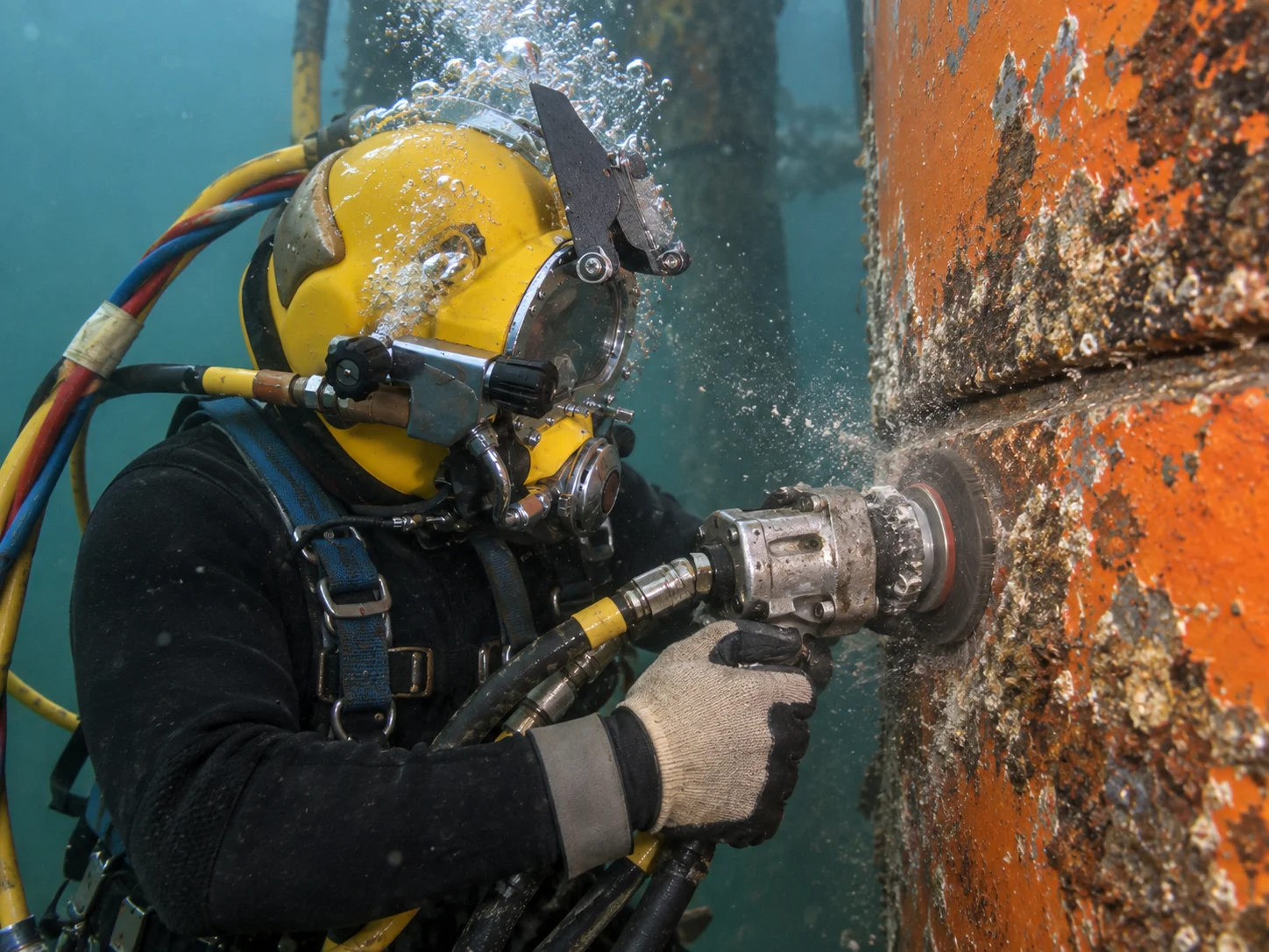 Commercial diver in a yellow helmet using an underwater cleaning tool on an offshore steel structure