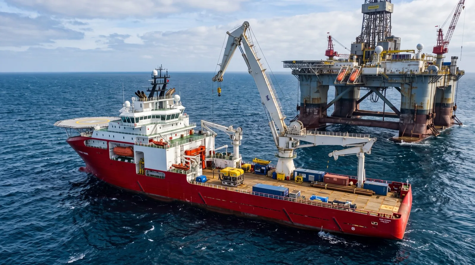 A subsea support vessel with a deck crane and an ROV on deck, alongside a semi-submersible rig at sea