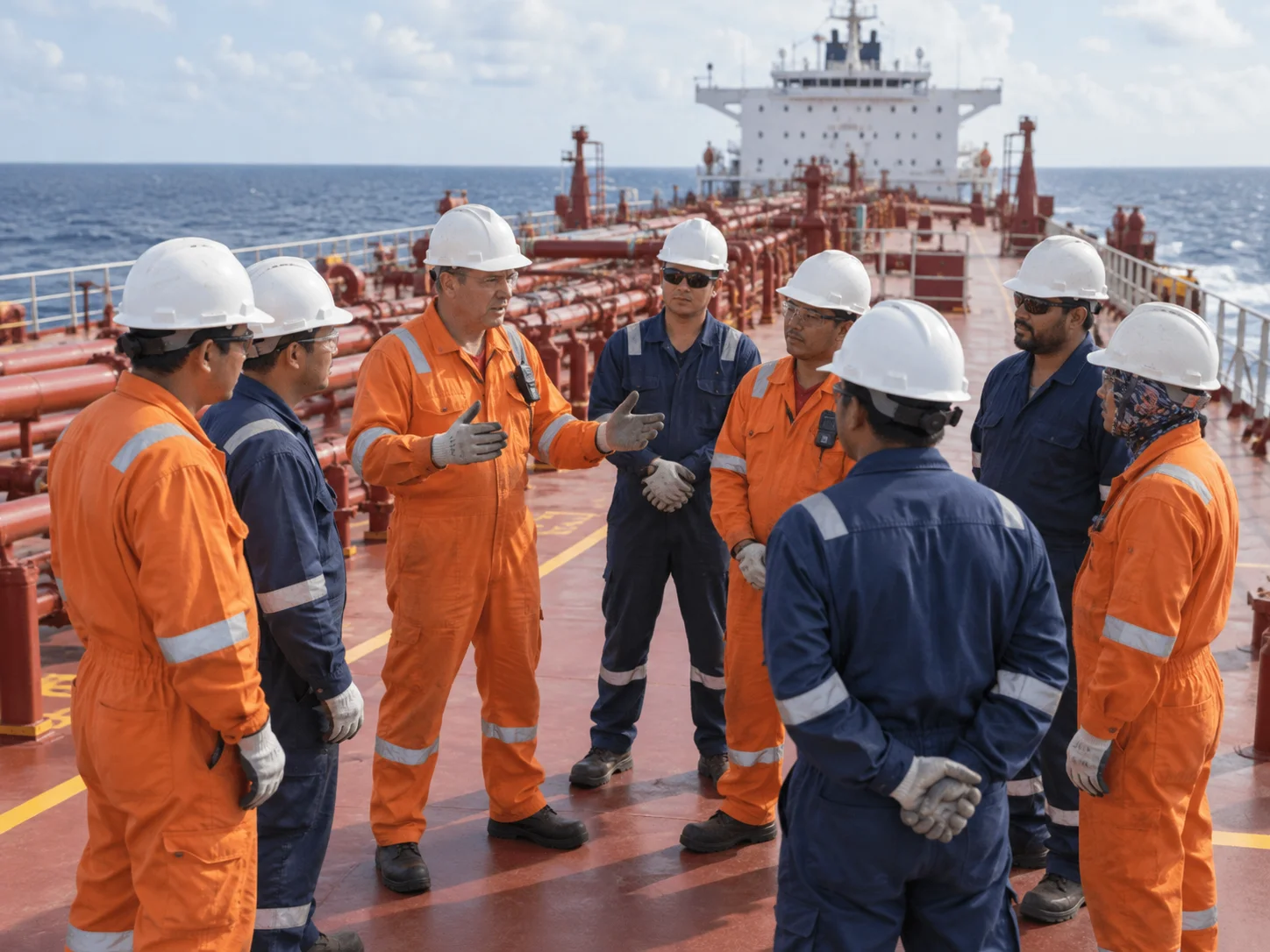 Eight crew members in coveralls and hard hats attending a deck briefing aboard an oil tanker at sea