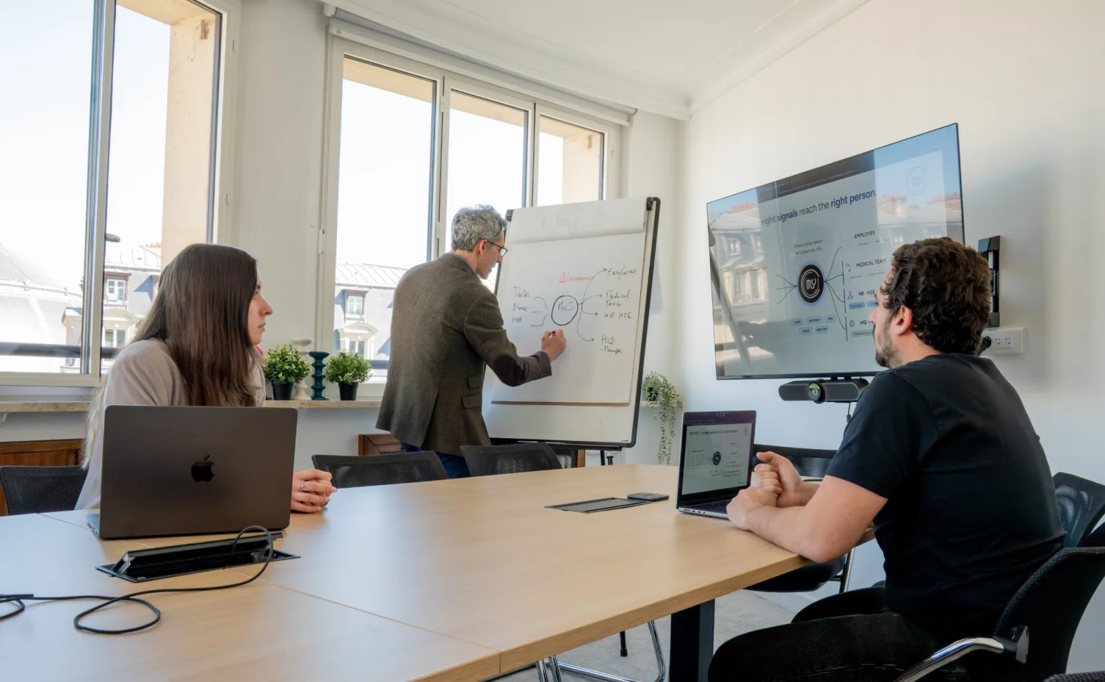 Three MyC team members in a meeting room, one sketching a diagram on a flip chart