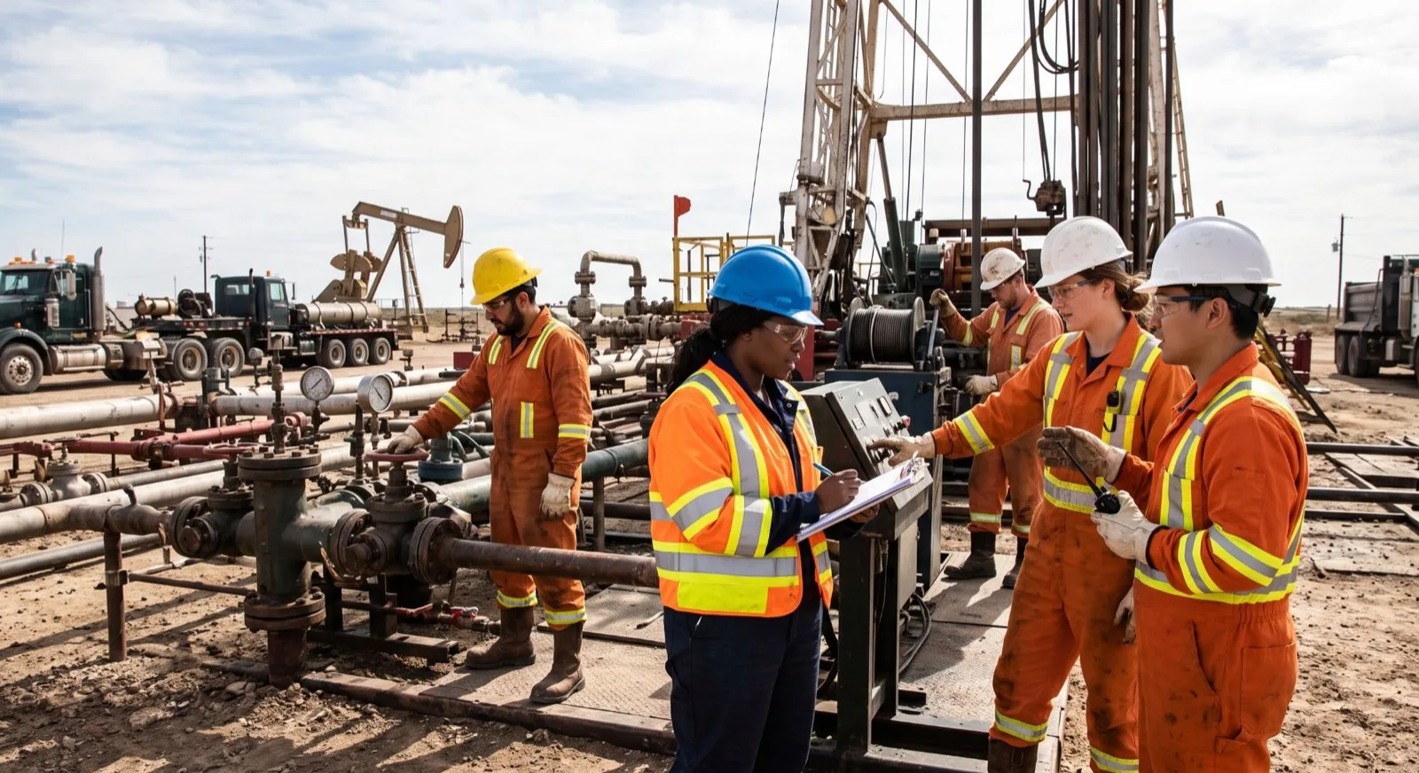 A crew in high-visibility coveralls and hard hats working at a wellsite, a rig behind them