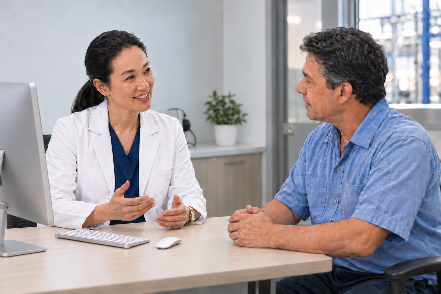 A doctor in a white coat talks with a worker across a desk in a site clinic, with industrial structures visible through the window