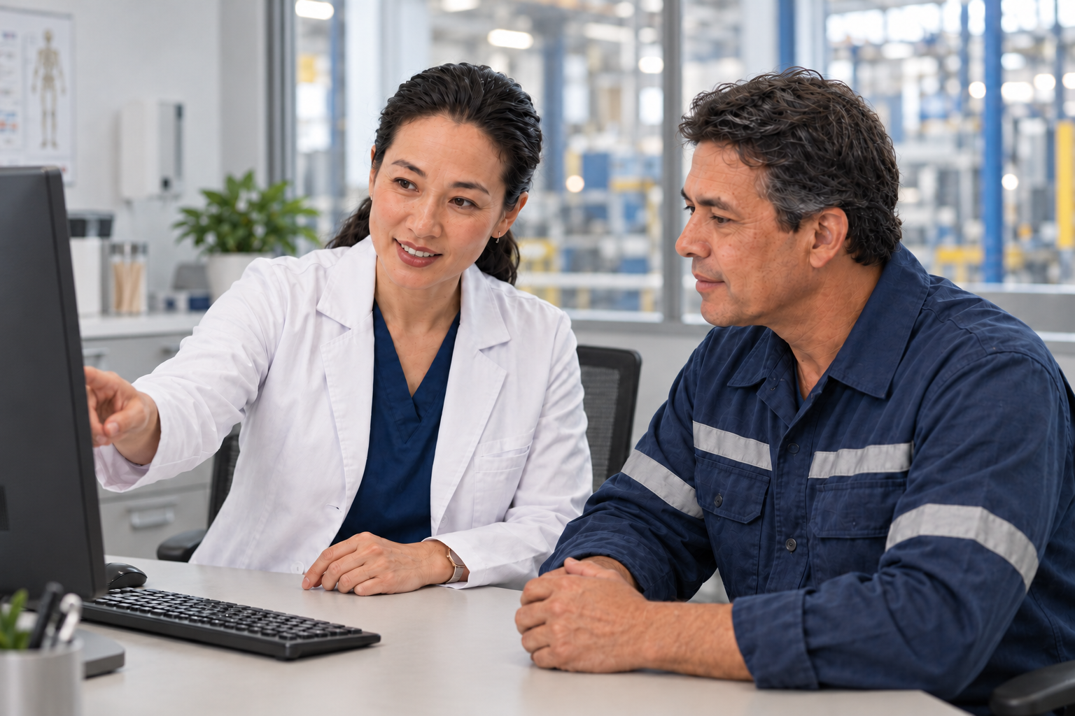 A doctor in a white coat shows a worker in navy coveralls his results on a screen, in a clinic overlooking an industrial plant