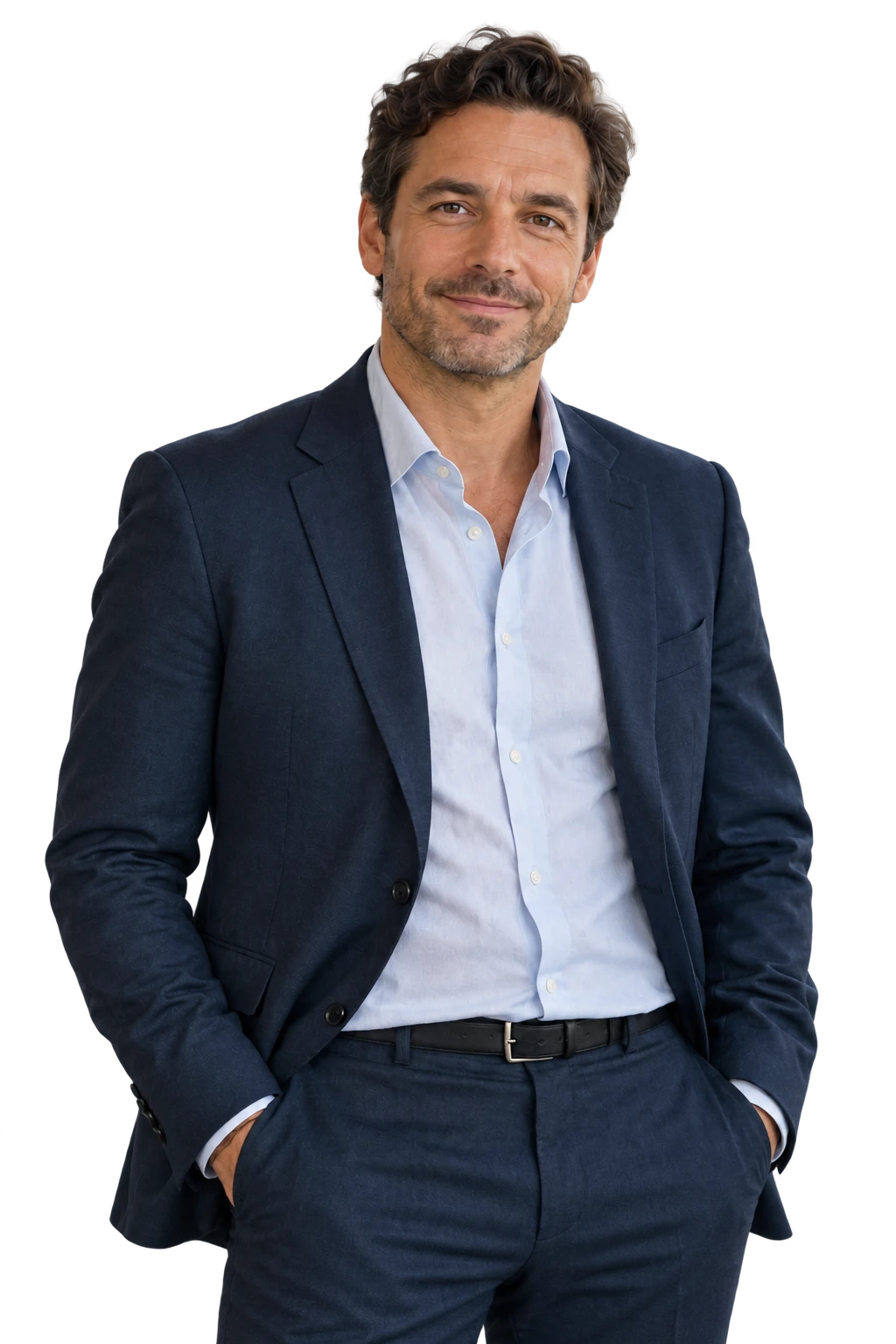 A global company colleague in a navy suit and open-collar shirt