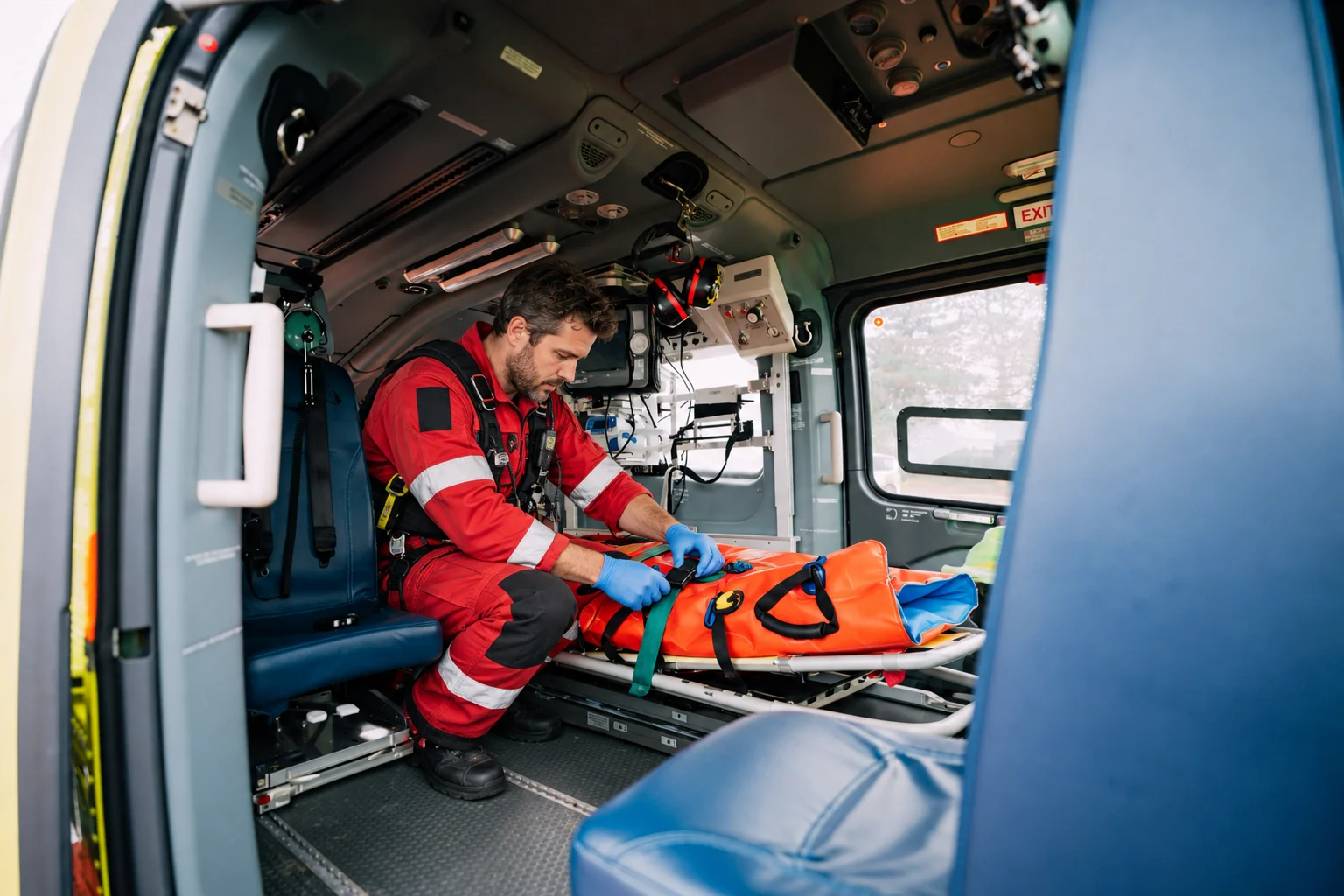 Rescue paramedic checking a stretcher strap inside a medical helicopter