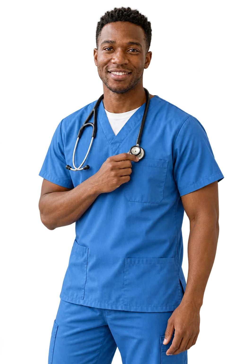 A medical team member in blue scrubs holding a stethoscope