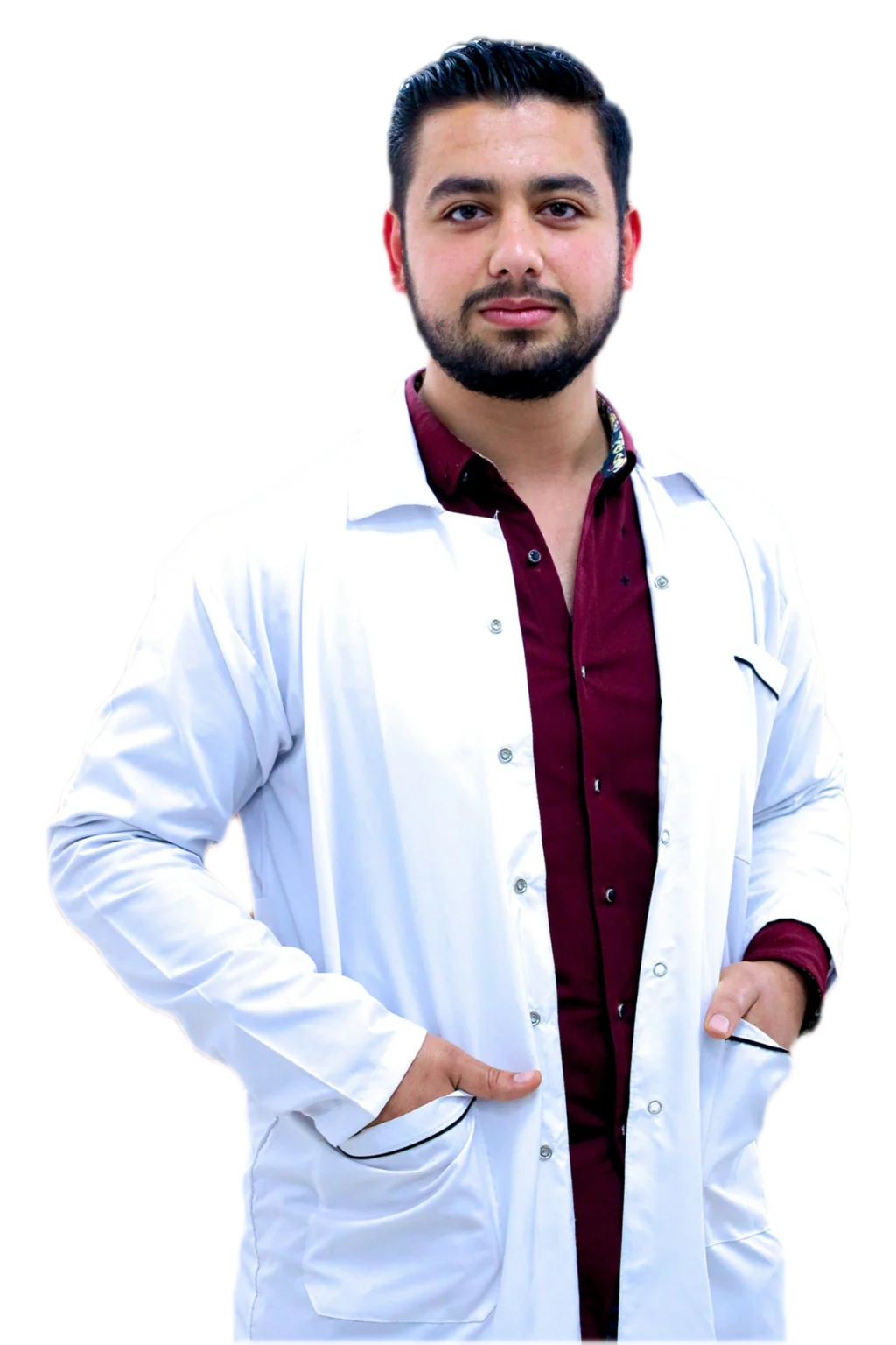 A medical services provider in a white clinical coat