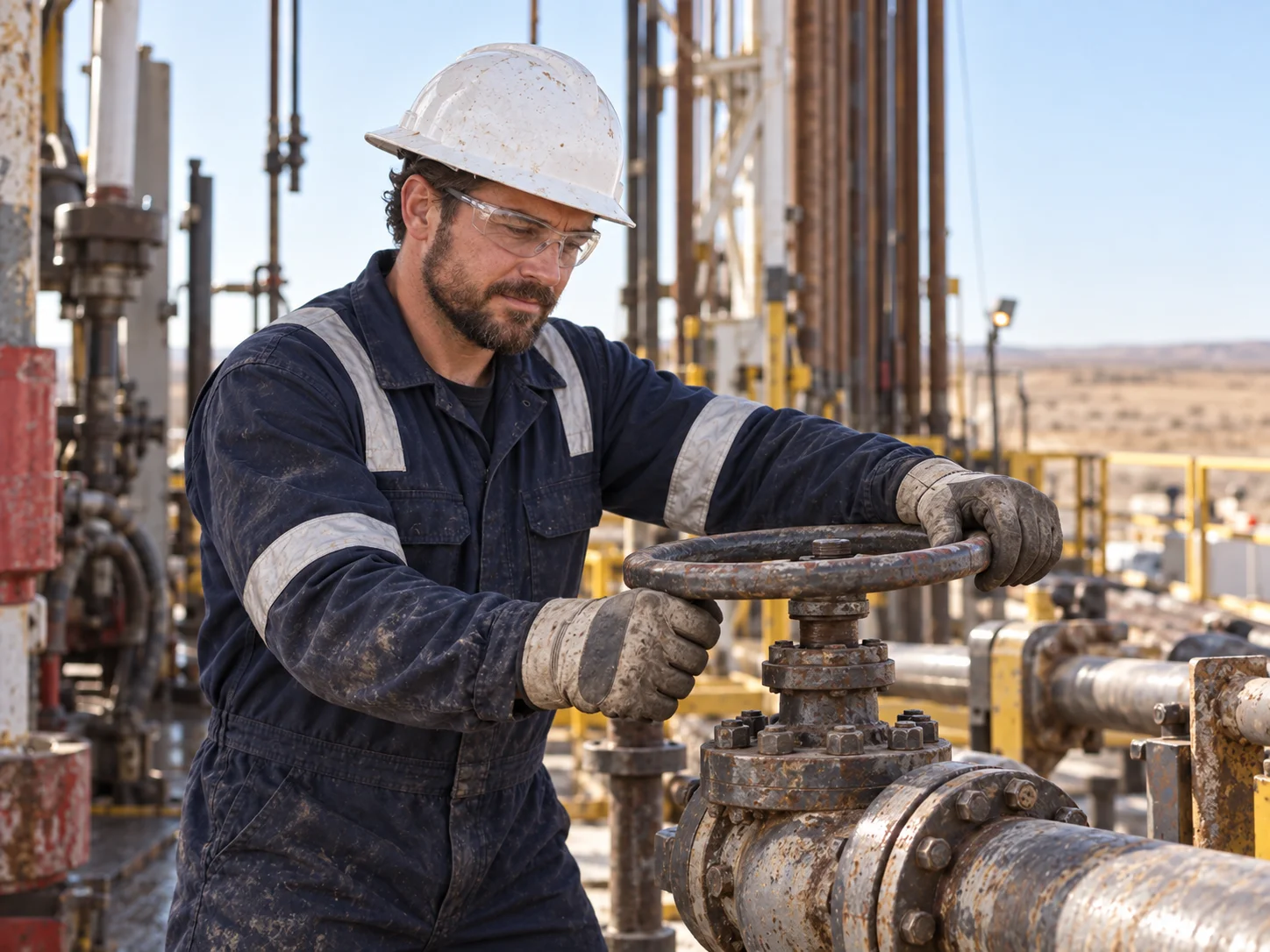 Worker in protective gear turning a pipe valve on an onshore oil drilling platform