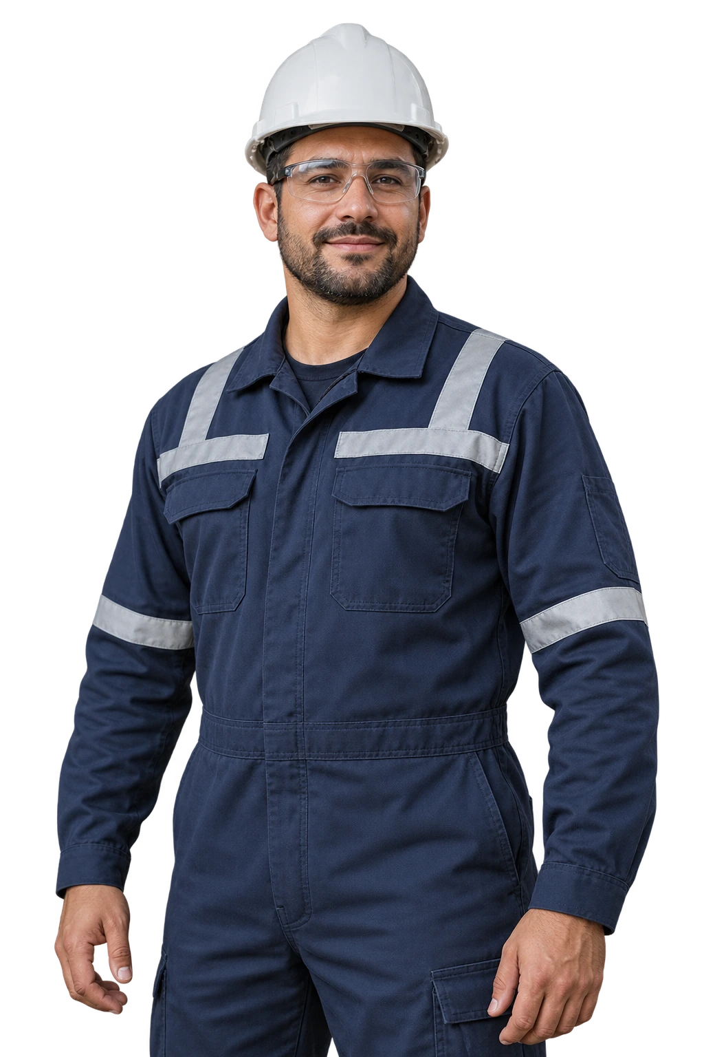 A site operations lead in a hard hat and coveralls