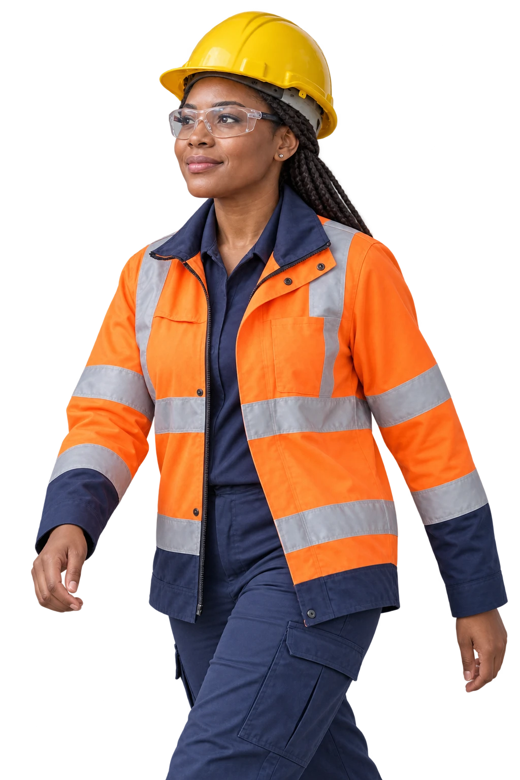 A remote-site worker walking in a three-quarter pose, wearing a hard hat, safety glasses and high-visibility jacket